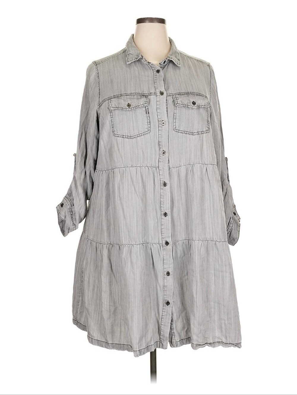 Velvet Heart 2X Gray Tiered Button Front Tunic Shirt Dress Roll Tab Sleeve